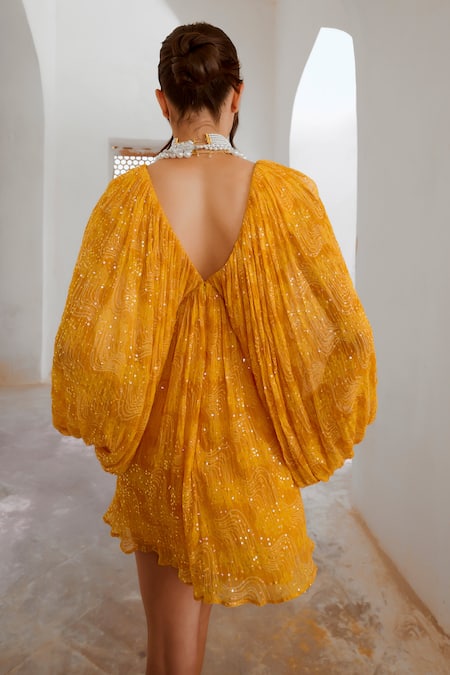 Shop Pallavi Jaipur Yellow Chiffon Sequins, Embroidery V-neck Jugnu Short Dress at Aza Fashions Shop_Pallavi Jaipur_Yellow Chiffon Sequins, Embroidery V-neck Jugnu Short Dress _at_Aza_Fashions