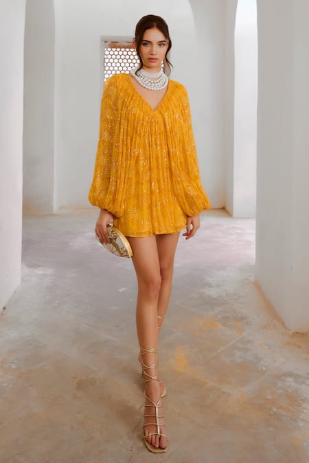 Pallavi Jaipur Yellow Chiffon Sequins, Embroidery V-neck Jugnu Short Dress Online at Aza Fashions Pallavi Jaipur_Yellow Chiffon Sequins, Embroidery V-neck Jugnu Short Dress _Online_at_Aza_Fashions