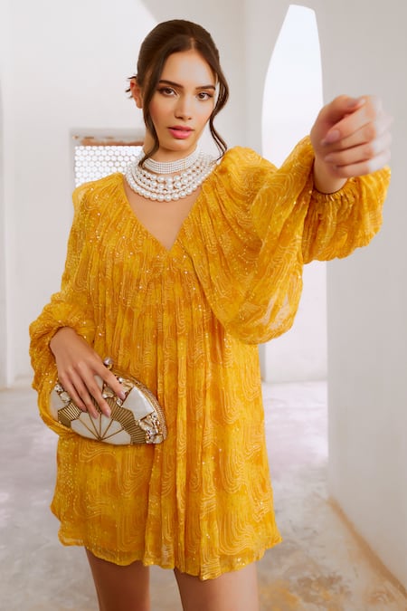 Buy Pallavi Jaipur Yellow Chiffon Sequins, Embroidery V-neck Jugnu Short Dress Online at Aza Fashions Buy_Pallavi Jaipur_Yellow Chiffon Sequins, Embroidery V-neck Jugnu Short Dress _Online_at_Aza_Fashions