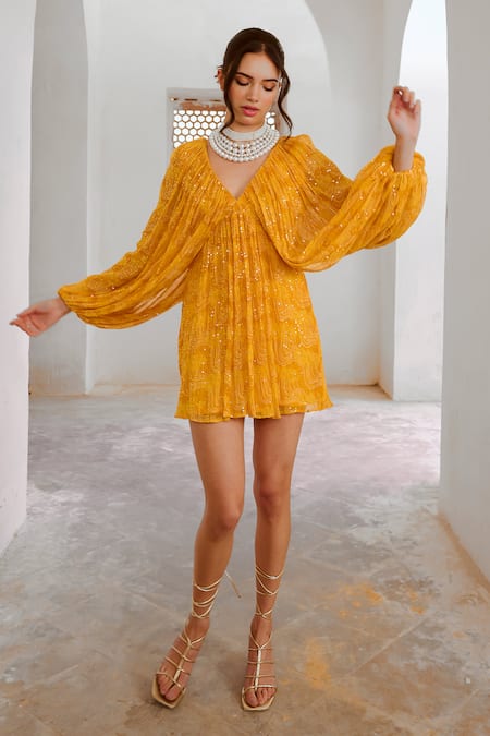 Shop Pallavi Jaipur Yellow Chiffon Sequins, Embroidery V-neck Jugnu Short Dress Online at Aza Fashions Shop_Pallavi Jaipur_Yellow Chiffon Sequins, Embroidery V-neck Jugnu Short Dress _Online_at_Aza_Fashions