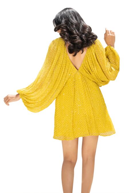 Buy Pallavi Jaipur Green Chiffon Sequins V-neck Matchstix Print Short Dress Buy_Pallavi Jaipur_Green Chiffon Sequins V-neck Matchstix Print Short Dress