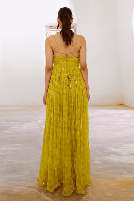 Shop_Pallavi Jaipur_Green Chiffon, Linen Sequins, Embroidery V-neck Floral Fantasy Print Maxi Dress _at_Aza_Fashions