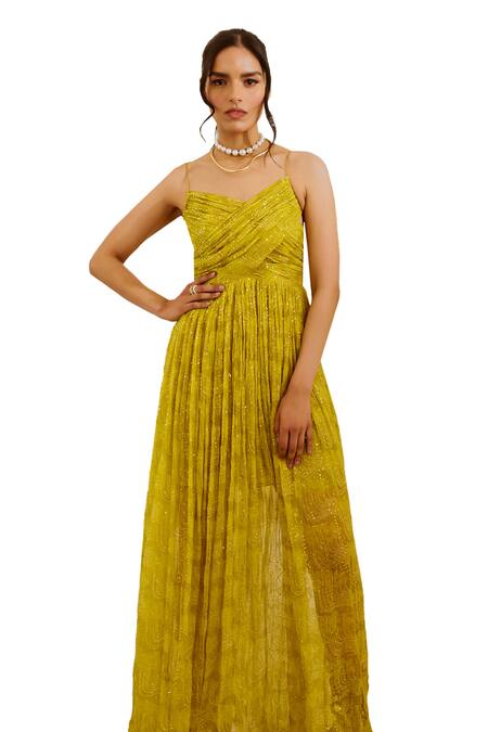Pallavi Jaipur_Green Chiffon, Linen Sequins, Embroidery V-neck Floral Fantasy Print Maxi Dress _Online_at_Aza_Fashions