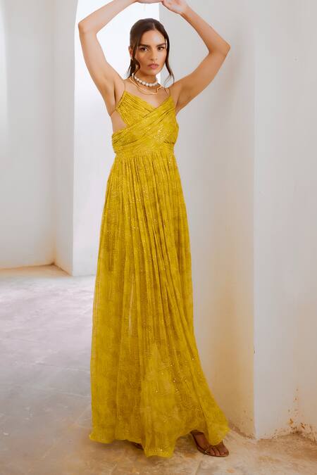 Buy_Pallavi Jaipur_Green Chiffon, Linen Sequins, Embroidery V-neck Floral Fantasy Print Maxi Dress _Online_at_Aza_Fashions