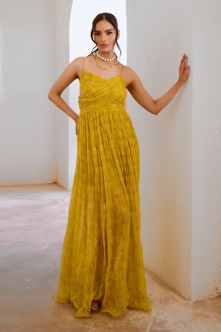 Shop_Pallavi Jaipur_Green Chiffon, Linen Sequins, Embroidery V-neck Floral Fantasy Print Maxi Dress _Online_at_Aza_Fashions