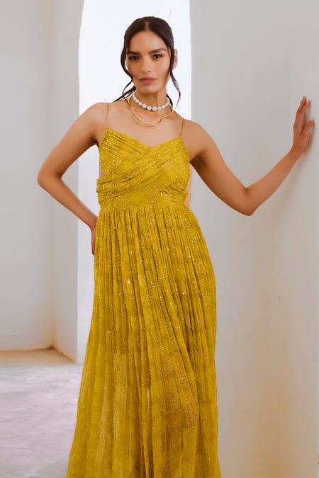 Pallavi Jaipur_Green Chiffon, Linen Sequins, Embroidery V-neck Floral Fantasy Print Maxi Dress _at_Aza_Fashions