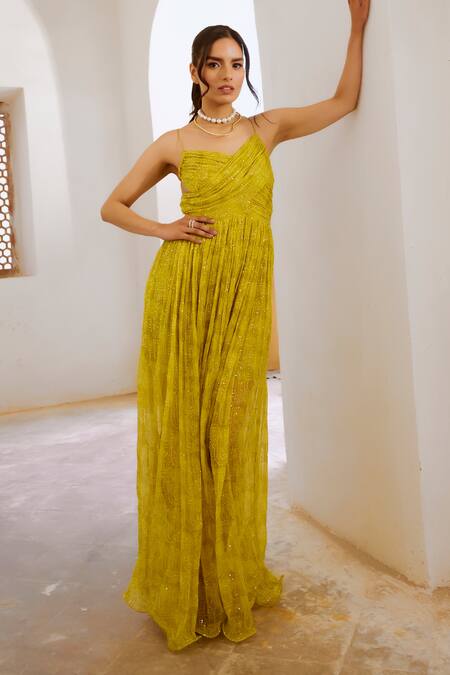 Buy_Pallavi Jaipur_Green Chiffon, Linen Sequins, Embroidery V-neck Floral Fantasy Print Maxi Dress 