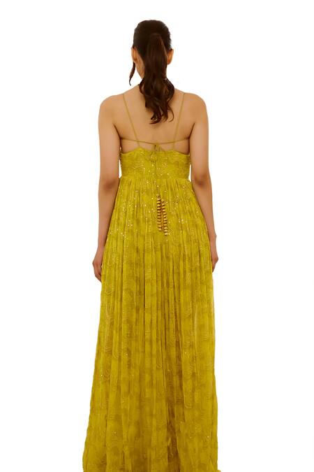 Shop_Pallavi Jaipur_Green Chiffon, Linen Sequins, Embroidery V-neck Floral Fantasy Print Maxi Dress 