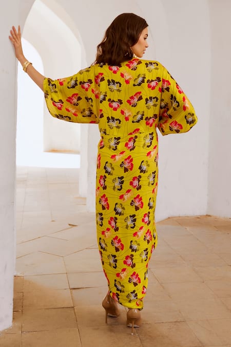 Shop_Pallavi Jaipur_Green , Satin V-neck Floral Poppy Print Kaftan Dress _at_Aza_Fashions
