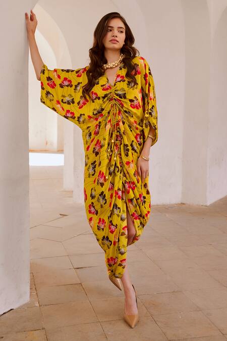 Pallavi Jaipur_Green , Satin V-neck Floral Poppy Print Kaftan Dress _Online_at_Aza_Fashions