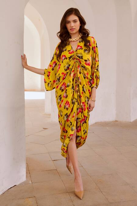 Buy_Pallavi Jaipur_Green , Satin V-neck Floral Poppy Print Kaftan Dress _Online_at_Aza_Fashions