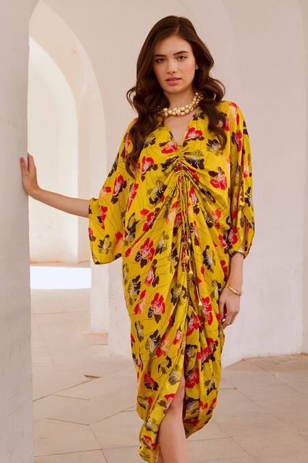 Shop_Pallavi Jaipur_Green , Satin V-neck Floral Poppy Print Kaftan Dress _Online_at_Aza_Fashions