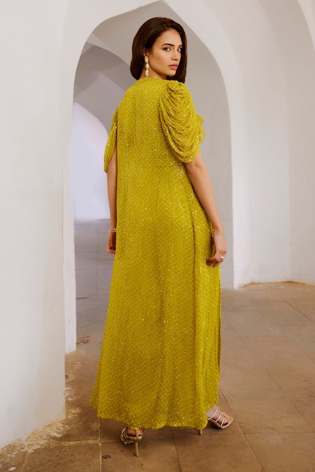 Shop Pallavi Jaipur Green Silk Sequins Cowl Neck Matchstix Print Overlap Panel Jumpsuit Cape Set at Aza Fashions Shop_Pallavi Jaipur_Green Silk Sequins Cowl Neck Matchstix Print Overlap Panel Jumpsuit Cape Set _at_Aza_Fashions