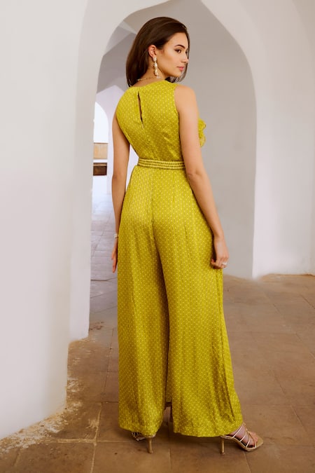 Shop Pallavi Jaipur Green Silk Buckles Cowl Neck Matchstix Print Overlap Panel Jumpsuit at Aza Fashions Shop_Pallavi Jaipur_Green Silk Buckles Cowl Neck Matchstix Print Overlap Panel Jumpsuit _at_Aza_Fashions