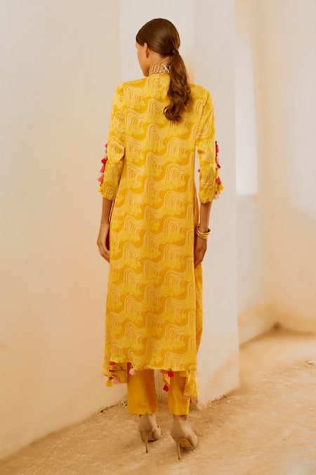 Shop Pallavi Jaipur Yellow Silk, Chanderi Tassels Floral Fantasy Print Asymmetric Tunic With Pant at Aza Fashions Shop_Pallavi Jaipur_Yellow Silk, Chanderi Tassels Floral Fantasy Print Asymmetric Tunic With Pant _at_Aza_Fashions