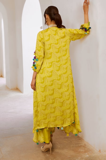 Shop Pallavi Jaipur Green Silk, Cotton, Chanderi Asymmetric Floral Fantasy Print Tunic With Pant at Aza Fashions Shop_Pallavi Jaipur_Green Silk, Cotton, Chanderi Asymmetric Floral Fantasy Print Tunic With Pant _at_Aza_Fashions