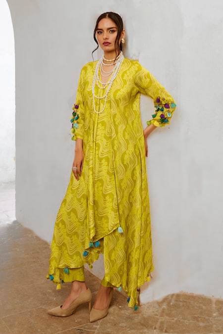 Shop Pallavi Jaipur Green Silk, Cotton, Chanderi Asymmetric Floral Fantasy Print Tunic With Pant Online at Aza Fashions Shop_Pallavi Jaipur_Green Silk, Cotton, Chanderi Asymmetric Floral Fantasy Print Tunic With Pant _Online_at_Aza_Fashions