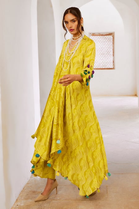 Buy Pallavi Jaipur Green Silk, Cotton, Chanderi Asymmetric Floral Fantasy Print Tunic With Pant Buy_Pallavi Jaipur_Green Silk, Cotton, Chanderi Asymmetric Floral Fantasy Print Tunic With Pant