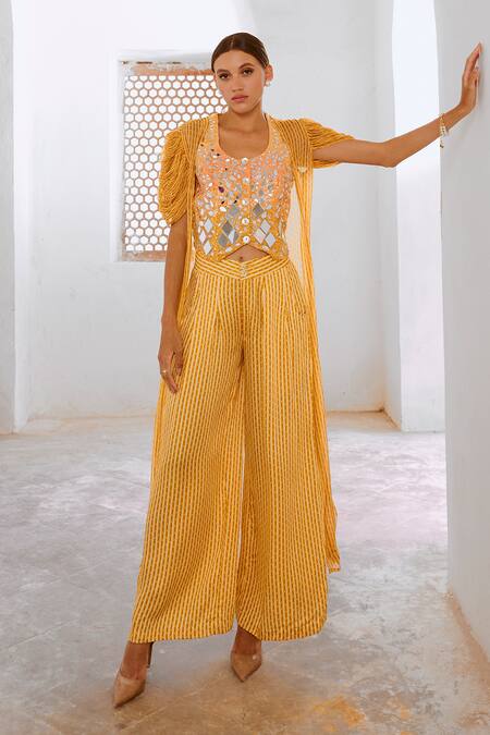 Buy Pallavi Jaipur Yellow Chiffon, Tussar, Silk Reverse Matchstix Print Jacket Flared Pant Set Online at Aza Fashions Buy_Pallavi Jaipur_Yellow Chiffon, Tussar, Silk Reverse Matchstix Print Jacket Flared Pant Set _Online_at_Aza_Fashions
