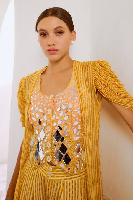 Shop Pallavi Jaipur Yellow Chiffon, Tussar, Silk Reverse Matchstix Print Jacket Flared Pant Set Online at Aza Fashions Shop_Pallavi Jaipur_Yellow Chiffon, Tussar, Silk Reverse Matchstix Print Jacket Flared Pant Set _Online_at_Aza_Fashions