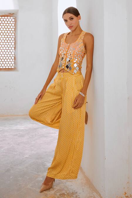 Buy Pallavi Jaipur Yellow Silk Mirrors, Sequins Mirrorwork Embellished Ombre Koti With Flared Pant Online at Aza Fashions Buy_Pallavi Jaipur_Yellow Silk Mirrors, Sequins Mirrorwork Embellished Ombre Koti With Flared Pant _Online_at_Aza_Fashions