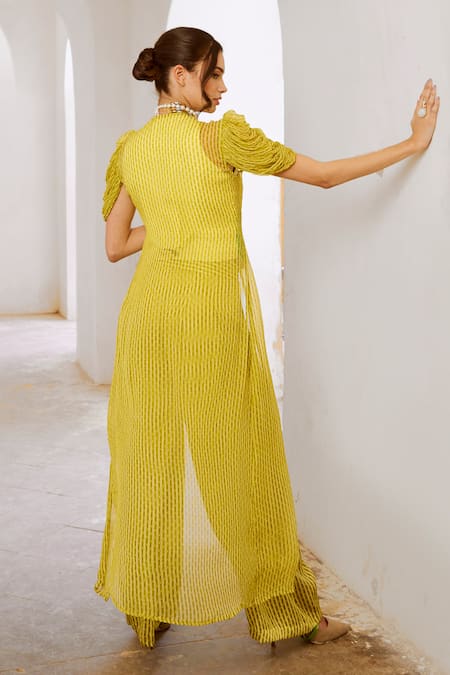 Pallavi Jaipur Green Chiffon, Silk Sequins, Mirrors Reverse Matchstix Print Jacket Koti Set Online at Aza Fashions Pallavi Jaipur_Green Chiffon, Silk Sequins, Mirrors Reverse Matchstix Print Jacket Koti Set _Online_at_Aza_Fashions