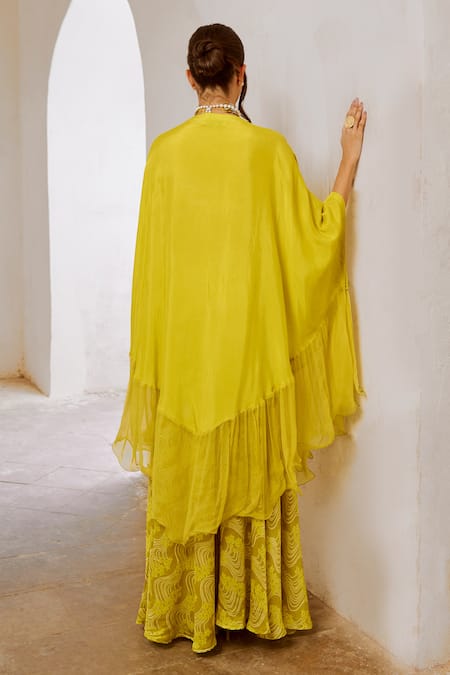 Shop Pallavi Jaipur Green , Placed Mirror Embellished Cape Kaftan With Printed Palazzo at Aza Fashions Shop_Pallavi Jaipur_Green , Placed Mirror Embellished Cape Kaftan With Printed Palazzo _at_Aza_Fashions