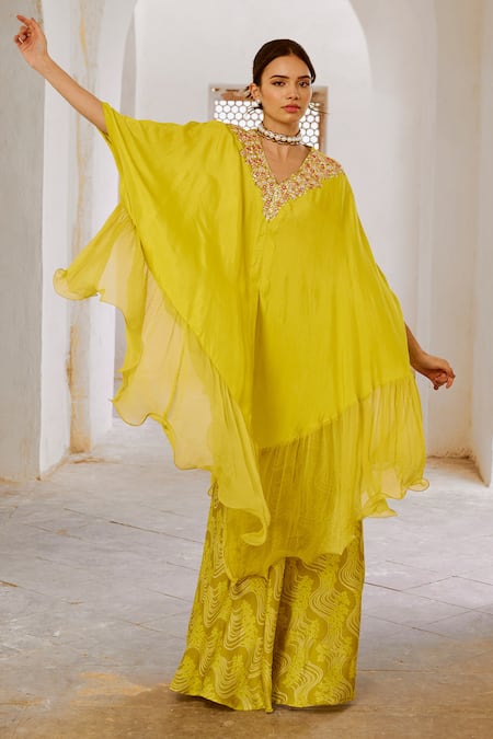 Pallavi Jaipur Green , Placed Mirror Embellished Cape Kaftan With Printed Palazzo Online at Aza Fashions Pallavi Jaipur_Green , Placed Mirror Embellished Cape Kaftan With Printed Palazzo _Online_at_Aza_Fashions