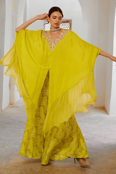 Buy Pallavi Jaipur Green , Placed Mirror Embellished Cape Kaftan With Printed Palazzo Online at Aza Fashions Buy_Pallavi Jaipur_Green , Placed Mirror Embellished Cape Kaftan With Printed Palazzo _Online_at_Aza_Fashions