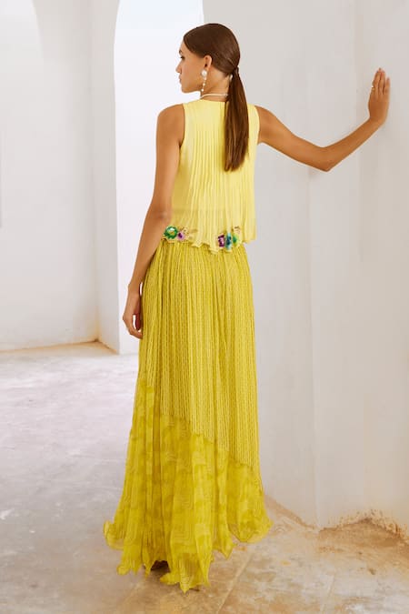 Shop Pallavi Jaipur Green Crepe, Chiffon Sequins, Embroidery, Asymmetric Top With Printed Skirt at Aza Fashions Shop_Pallavi Jaipur_Green Crepe, Chiffon Sequins, Embroidery, Asymmetric Top With Printed Skirt _at_Aza_Fashions