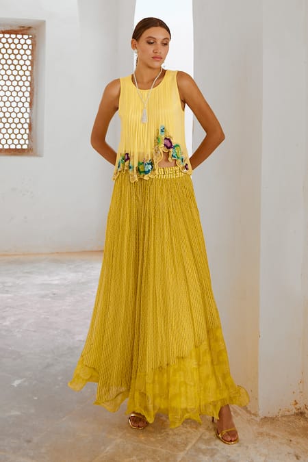 Pallavi Jaipur Green Crepe, Chiffon Sequins, Embroidery, Asymmetric Top With Printed Skirt Online at Aza Fashions Pallavi Jaipur_Green Crepe, Chiffon Sequins, Embroidery, Asymmetric Top With Printed Skirt _Online_at_Aza_Fashions