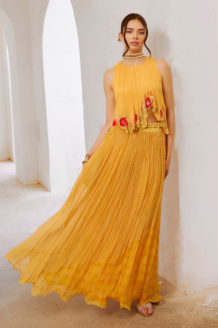 Pallavi Jaipur Yellow Top Wrinkle Crepe Printed Asymmetric Sequin Embroidered With Skirt 