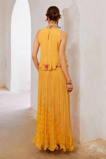 Shop Pallavi Jaipur Yellow Crepe, Chiffon Sequins, Embroidery Asymmetric Top With Printed Skirt at Aza Fashions Shop_Pallavi Jaipur_Yellow Crepe, Chiffon Sequins, Embroidery Asymmetric Top With Printed Skirt _at_Aza_Fashions