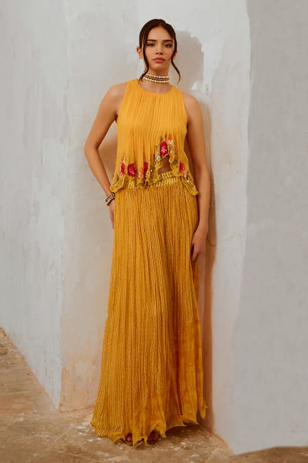 Pallavi Jaipur Yellow Crepe, Chiffon Sequins, Embroidery Asymmetric Top With Printed Skirt Online at Aza Fashions Pallavi Jaipur_Yellow Crepe, Chiffon Sequins, Embroidery Asymmetric Top With Printed Skirt _Online_at_Aza_Fashions