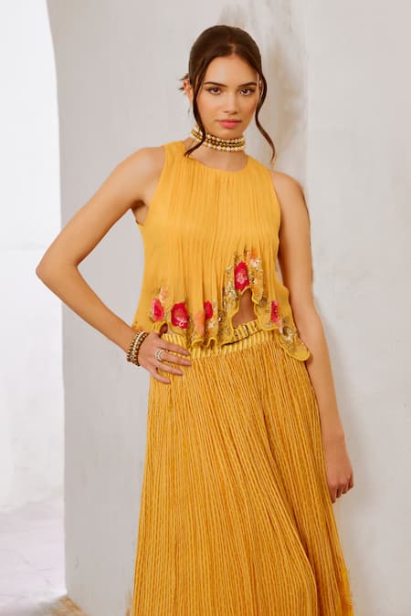 Buy Pallavi Jaipur Yellow Crepe, Chiffon Sequins, Embroidery Asymmetric Top With Printed Skirt Online at Aza Fashions Buy_Pallavi Jaipur_Yellow Crepe, Chiffon Sequins, Embroidery Asymmetric Top With Printed Skirt _Online_at_Aza_Fashions