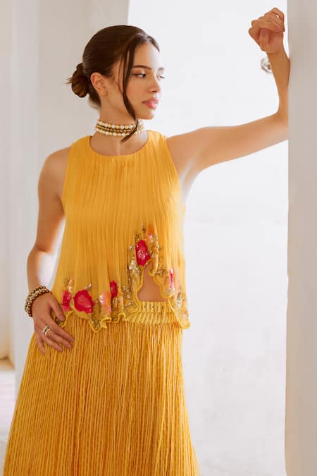Shop Pallavi Jaipur Yellow Crepe, Chiffon Sequins, Embroidery Asymmetric Top With Printed Skirt Online at Aza Fashions Shop_Pallavi Jaipur_Yellow Crepe, Chiffon Sequins, Embroidery Asymmetric Top With Printed Skirt _Online_at_Aza_Fashions