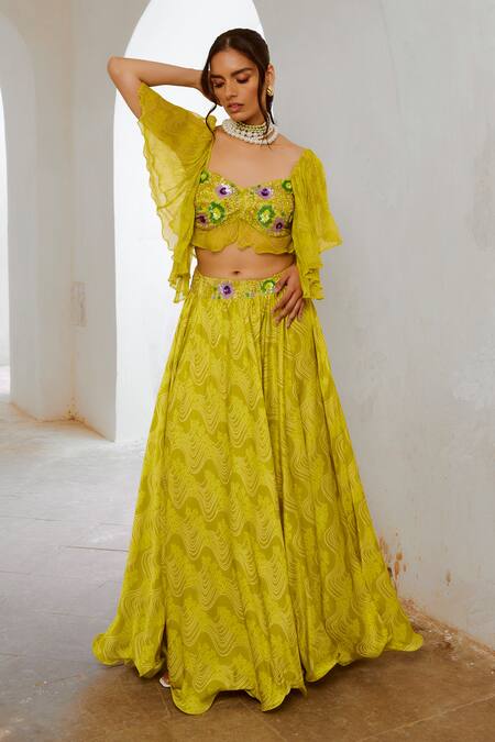 Pallavi Jaipur_Green Sweetheart Neck Floral Fantasy Print Ruffle Sleeve Blouse With Lehenga _Online_at_Aza_Fashions