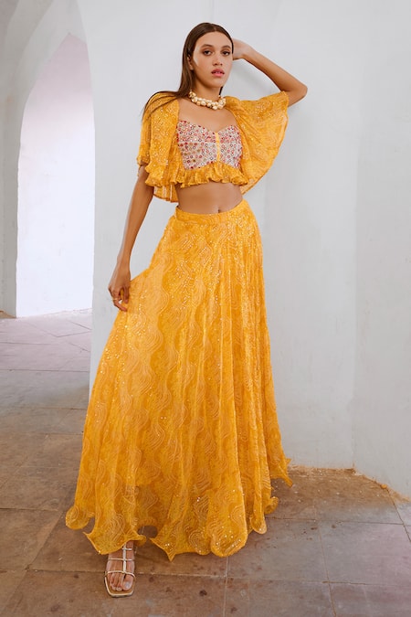 Pallavi Jaipur Yellow Blouse Chiffon Printed Floral Fantasy Lehenga With Ruffle Sleeve 