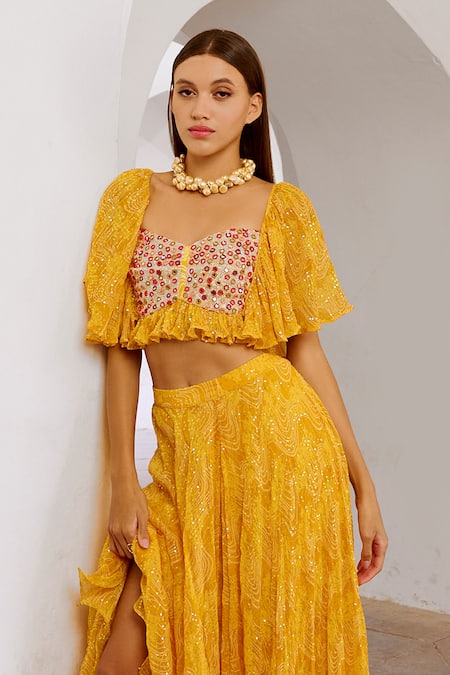 Pallavi Jaipur_Yellow Chiffon, Silk Floral Fantasy Print Lehenga With Ruffle Sleeve Blouse _Online_at_Aza_Fashions