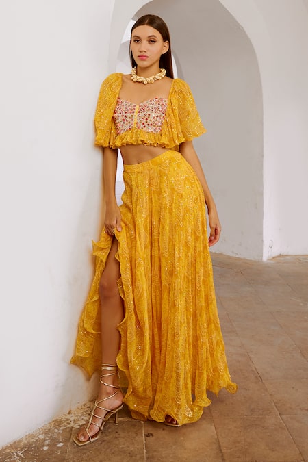 Buy_Pallavi Jaipur_Yellow Chiffon, Silk Floral Fantasy Print Lehenga With Ruffle Sleeve Blouse _Online_at_Aza_Fashions