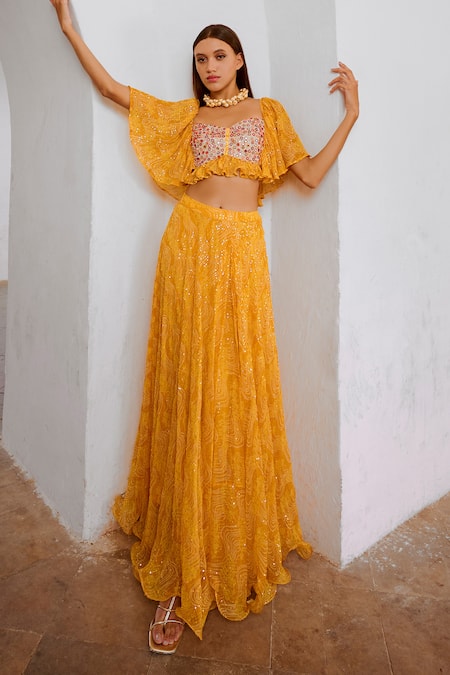 Shop_Pallavi Jaipur_Yellow Chiffon, Silk Floral Fantasy Print Lehenga With Ruffle Sleeve Blouse _Online_at_Aza_Fashions