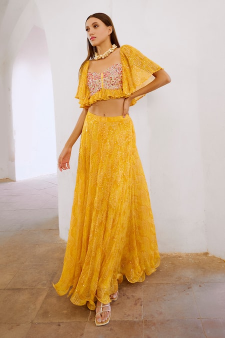 Pallavi Jaipur_Yellow Chiffon, Silk Floral Fantasy Print Lehenga With Ruffle Sleeve Blouse _at_Aza_Fashions