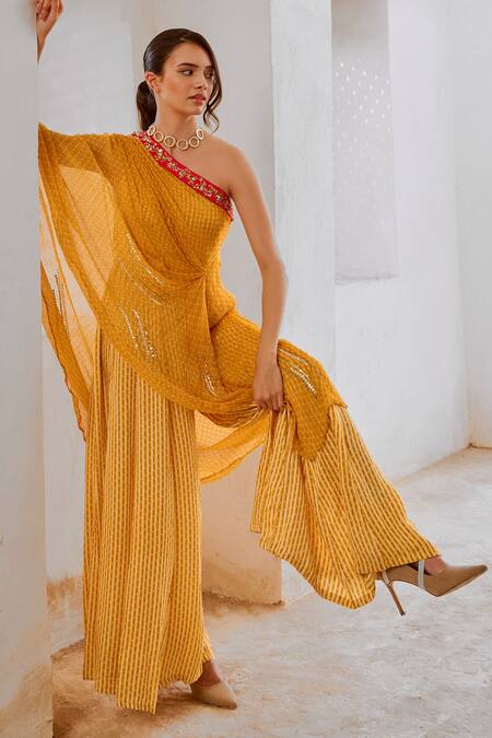 Buy Pallavi Jaipur Yellow Silk, Chiffon Sequins, Matchstix Print One Shoulder Toga With Jumpsuit Online at Aza Fashions Buy_Pallavi Jaipur_Yellow Silk, Chiffon Sequins, Matchstix Print One Shoulder Toga With Jumpsuit _Online_at_Aza_Fashions