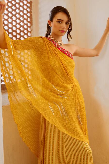 Shop Pallavi Jaipur Yellow Silk, Chiffon Sequins, Matchstix Print One Shoulder Toga With Jumpsuit Online at Aza Fashions Shop_Pallavi Jaipur_Yellow Silk, Chiffon Sequins, Matchstix Print One Shoulder Toga With Jumpsuit _Online_at_Aza_Fashions
