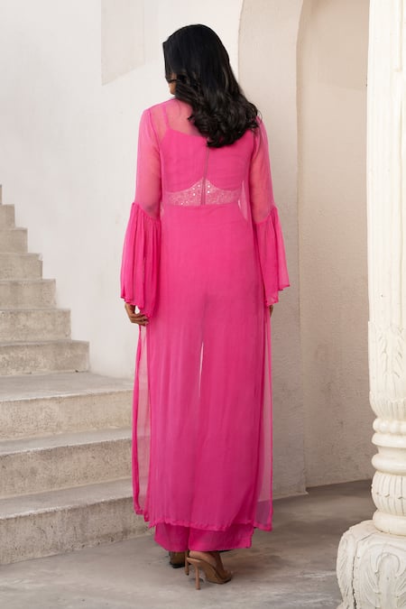 Pallavi Jaipur_Pink Tussar, Silk, Linen Beads, Mirrors Sweetheart Embellished Corset With Pant _Online_at_Aza_Fashions