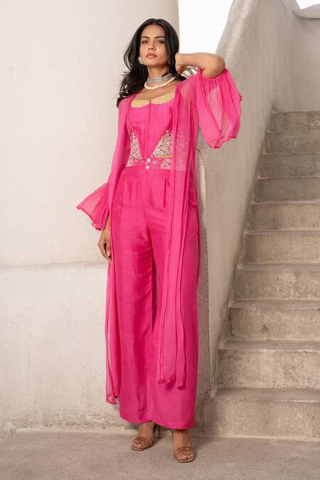 Buy_Pallavi Jaipur_Pink Tussar, Silk, Linen Beads, Mirrors Sweetheart Embellished Corset With Pant _Online_at_Aza_Fashions