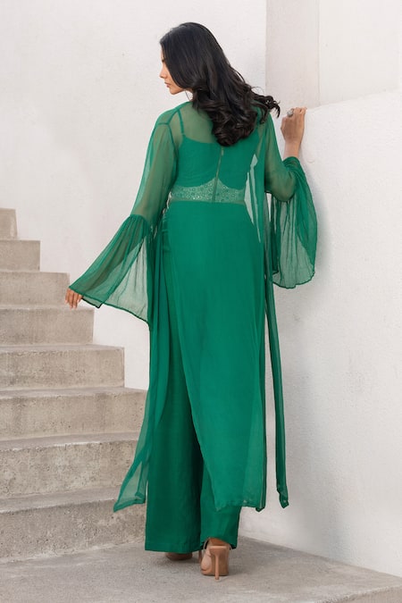 Pallavi Jaipur_Green Tussar, Silk Beads, Mirrors Sweetheart Neck Embellished Corset With Pant _Online_at_Aza_Fashions