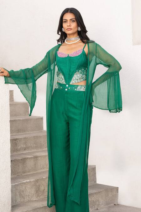Pallavi Jaipur_Green Tussar, Silk Beads, Mirrors Sweetheart Neck Embellished Corset With Pant _at_Aza_Fashions
