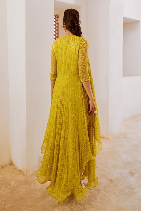 Shop Pallavi Jaipur Green Chiffon, Silk Sequins Round Neck Matchstix Print Cape High-low Dress Set at Aza Fashions Shop_Pallavi Jaipur_Green Chiffon, Silk Sequins Round Neck Matchstix Print Cape High-low Dress Set _at_Aza_Fashions