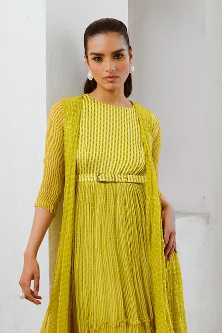 Pallavi Jaipur Green Chiffon, Silk Sequins Round Neck Matchstix Print Cape High-low Dress Set Online at Aza Fashions Pallavi Jaipur_Green Chiffon, Silk Sequins Round Neck Matchstix Print Cape High-low Dress Set _Online_at_Aza_Fashions